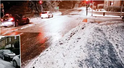  ??  ?? Freak F weather: Hail and snow in Leeds and, left, a whiteout in nearby Saltaire