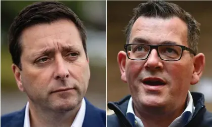  ?? Photograph: Diego Fedele, Joel Carrett/AAP ?? Victorian opposition Leader Matthew Guy started the campaign as an election underdog against two-term premier Daniel Andrews, but polls show the race between Labor and the Coalition is tightening.