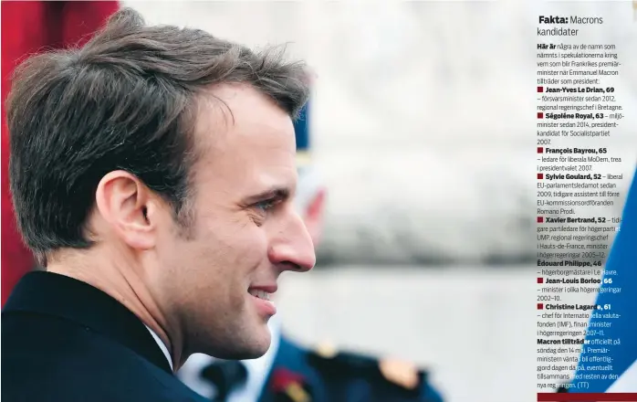  ?? FOTO: STEPHANE DE SAKUTIN ?? Nytt jobb. På måndag väntas besked om vem Emmanuel Macron väljer som Frankrikes nästa premiärmin­ister.