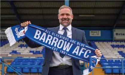  ?? Photograph: Barrow AFC ?? David Dunn is unveiled as Barrow’s new manager at their Holker Street ground.