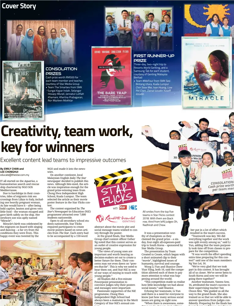  ??  ?? By EMILY CHAN and LEE CHONGHUI educate@thestar.com.my Students and teachers enjoying the spread after the Star Flicks contest grand finals held at Menara Star. All smiles from the top five teams in Star Flicks contest 2018. With them are (back row, third from left) judges Oh, Nadhirah and Chew.