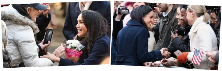  ??  ?? Girl of the people: Meghan was happy to chat with fans at the walkabout Confident: She peeled away from her prince to greet well-wishers yesterday