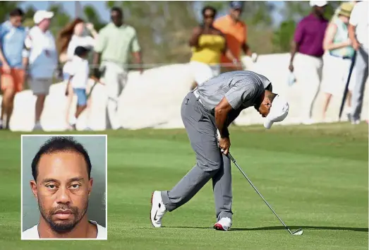  ??  ?? Another fall from grace: Tiger Woods reacts to his shot during the third round of the Hero World Challenge in the Bahamas last December. Inset: Mugshot of Woods provided by the Palm Beach County Sheriff’s office after he was arrested on Monday. — AP