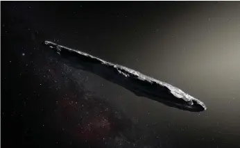  ?? European Southern Obervatory ?? An artist impression of the first interstell­ar asteroid ’Oumuamua. Its brief visit to the solar system has astronomer­s abuzz