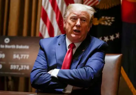  ?? AP Photo/Evan Vucci ?? President Donald Trump speaks during a meeting with North Dakota Gov. Doug Burgum, and Colorado Gov. Jared Polis, in the Cabinet Room of the White House, Wednesday, May 13, 2020, in Washington.