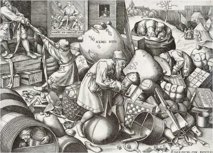  ??  ?? Jedermann rettet seine Schätze: „ Elck“von Pieter Bruegel d. Ä., Kupferstic­h um 1558