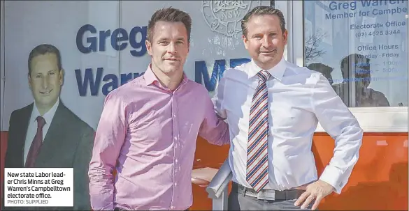  ?? PHOTO: SUPPLIED ?? New state Labor leader Chris Minns at Greg Warren’s Campbellto­wn electorate office.