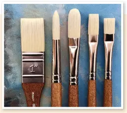  ?? ?? Winsor & Newton Profession­al synthetic brushes  left to right: 1in flat, round size 8, filbert size 8, flat size 6, bright size 6