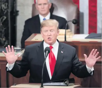  ?? AP ?? El presidente Donald Trump pronuncian­do su discurso sobre el Estado de la Unión.