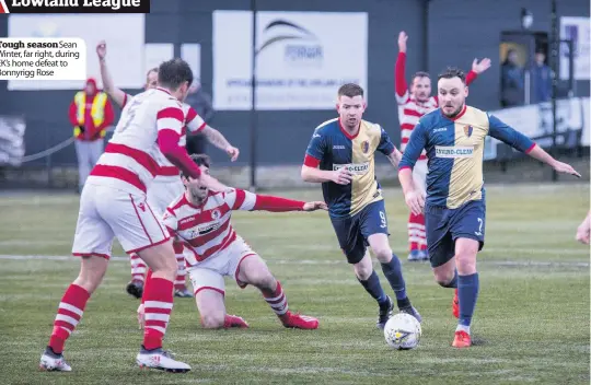  ??  ?? Tough season Sean Winter, far right, during EK’s home defeat to Bonnyrigg Rose