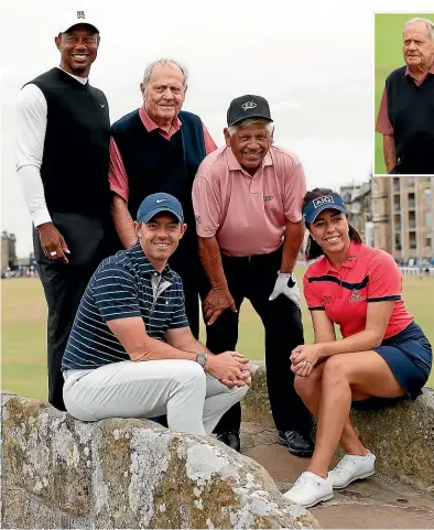  ?? AP, GETTY IMAGES ?? A gallery of champions pose on the Swilken Bridge at St Andrews: Tiger Woods, top left, with Jack Nicklaus and Lee Trevino. Rory McIlroy and Georgia Hall are sitting. Inset left, Nicklaus with one-time rival Tom Watson.