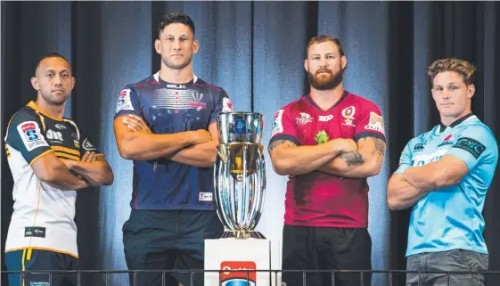  ?? Picture: STUART WALMSEY ?? Brumbies co-captain Christian Lealiifano, Rebels captain Adam Coleman, Reds captain Scott Higginboth­am and NSW captain Michael Hooper.