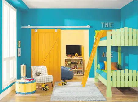  ??  ?? A child's bedroom painted in Sherwin-Williams’ Loch Blue. Designers recommend working with kids to create an organized, multifunct­ional and comfortabl­e bedroom with an interestin­g colour palette.