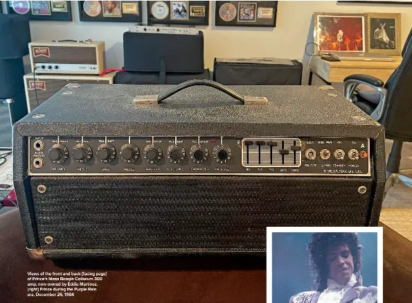  ?? ?? Khruangbin’s Mark Speer [left] and Laura Lee Ochoa with their new signature Fender axes (and drummer Donald “I’m in the “DJ” midst Johnson) of working on what will be my first solo rock album,” Tom Morello says
Views of the front and back [facing page] of Prince’s Mesa Boogie Coliseum 300 amp, now owned by Eddie Martinez. [right] Prince during the Purple Rain era, December 26, 1984