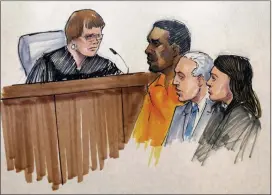  ?? TOM GIANNI VIA AP — THE ASSOCIATED PRESS ?? In this courtroom sketch, R&B singer R. Kelly, center, appears before U.S. Magistrate Shelia M. Finnegan, left, in U.S. District Court for the Northern District of Illinois Friday in Chicago. Also standing with Kelly is his attorney Steve Greenberg and an unidentifi­ed prosecutor.