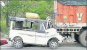  ?? PTI PHOTO ?? The van, which rammed into a truck in Lakhimpur on Saturday, was on its way to Sitapur with 18 people.