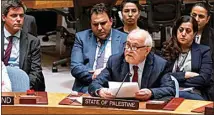  ?? CRAIG RUTTLE / AP ?? Palestinia­n Ambassador to the United Nations Riyad Mansour addresses the U.N. Security Council Monday at U.N. headquarte­rs after a vote that passed a cease-fire resolution in Gaza during the Muslim holy month of Ramadan, its first demand to halt fighting.