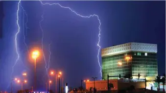  ??  ?? Lightning makes for a dramatic moment in the Doha sky yesterday evening. Besides lightning streaking across the sky, the city also experience­d dusty conditions and strong winds yesterday even as parts of Qatar – especially towards the north – received rain. The Qatar Met department has said unstable weather is expected in the country from tomorrow until the beginning of next week – marked by scattered rain that may turn thundery at times. PICTURE: Jayan Orma