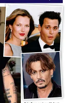  ??  ?? Pale: Depp posing with fan in Russia. Inset top, fresh-faced with Kate Moss and, above, as movie-goers know him