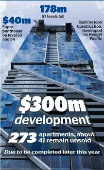  ?? Photo / Alex Robertson. Herald graphic ?? Super penthouse on level 53 and 54 57 levels tall
Built by Icon Constructi­on, developed by Hengyi Pacific The Pacifica 178m $40m