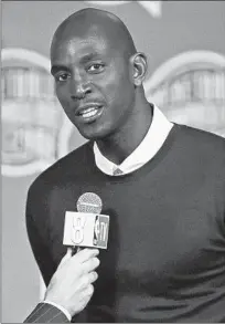  ?? JONATHAN DANIEL/GETTY ?? Retired NBA star Kevin Garnett talks about being named a finalist for the 2020 Naismith Memorial Basketball Hall of Fame on Friday.