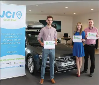  ??  ?? Conor Hartley (JCI South East) Olivia McDonald (JCI South East) and Barry Devereux (Audi Wexford) at the launch which took place at the Audi Wexford terminal in Crosstown.