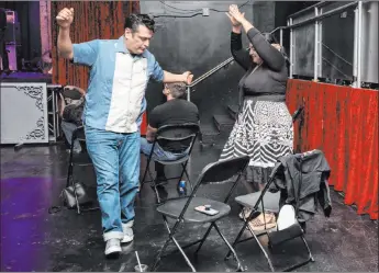  ?? Elizabeth Brumley Las Vegas Review-journal @Elipagepho­to ?? Rey Castillo, 43, left, dances with Veronica Berdugo, 37, both of Los Angeles, while Shanda & the Howlers perform Thursday at the Fremont Country Club. Castillo was celebratin­g his birthday with a trip to Las Vegas to see Reverend Horton Heat.