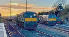  ?? NOEL ENRIGHT ?? General Motors 071 Class locomotive­s Nos. 075, 079, 088 and 216 with three sets of bogie flat wagons and a set of pulpwood wagons (66 wagons in total) are seen at Ballina, Co. Mayo on January 1.