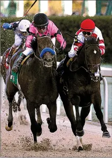  ?? Arkansas Democrat-Gazette/THOMAS METTHE ?? In Saturday’s first division of the Rebel Stakes (left photo) at Oaklawn Park in Hot Springs, Long Range Toddy and jockey Jon Court (left) cross the finish line to win by a neck ahead of Improbable and jockey Drayden Van Dyke. In the second division (right photo), Omaha Beach and jockey Mike Smith (right) won by a nose over Game Winner and jockey Joel Rosario.