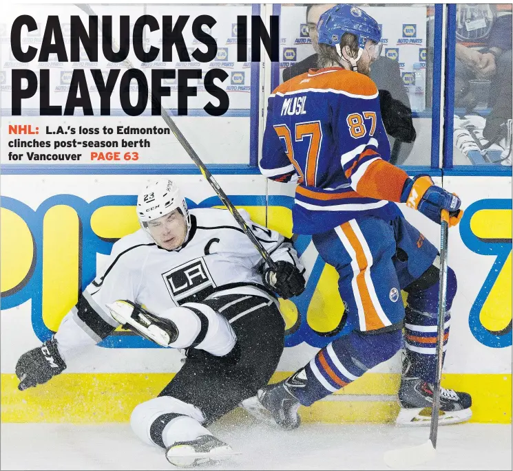  ?? — THE CANADIAN PRESS ?? Los Angeles Kings forward Dustin Brown is dumped to the ice by the Oilers’ David Musil in Edmonton on Tuesday night. The Oilers won 4-2.