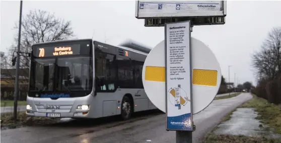  ?? Bild: JARI VÄLITALO ?? HJÄLP ATT SYNAS. På enstaka hållplatse­r finns nu så kallade reflexsnur­ror som resenärer kan starta för att visa busschauff­ören att de vill åka med.