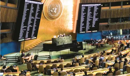  ?? BEBETO MATTHEWS/AP 2022 ?? Nations’ votes on a resolution condemning Russia’s annexation­s in Ukraine are displayed last fall in the U.N. General Assembly.