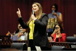  ?? MATT YORK – THE ASSOCIATED PRESS ?? Arizona State Rep. Stephanie Stahl Hamliton speaks on the floor at the Capitol on Wednesday in Phoenix. The Arizona Supreme Court ruled Tuesday that the state can enforce its law criminaliz­ing all abortions except when a mother's life is at stake.