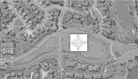  ?? PHOTOS BY CARPENTER MARTY STUDY/ CITY OF COLUMBUS ?? The City of Columbus is proposing to eliminate the northbound-only entrance section of Little Turtle Way (seen in lines at bottom of this map) and convert the southbound-only exit section of Little Turtle Way into a two-way roadway. A roundabout would be added at the intersecti­on of Little Turtle Way southbound and Longrifle Road as shown. The city says the move is for safety purposes and will include the addition of pedestrian and bike path. But residents have filed a lawsuit alleging that the plan is really intended to make the green space where the traffic circle drawing is sitting and the land where the northbound roadway now sits available for a developer to construct a condo project.