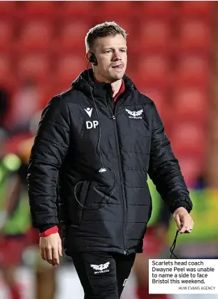  ?? HUW EVANS AGENCY ?? Scarlets head coach Dwayne Peel was unable to name a side to face Bristol this weekend.