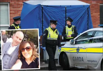  ??  ?? A garda presence at the scene at Ramsgate Village in Gorey during investigat­ions on Sunday. INSET: the late Philip Doyle with his wife Sarah.