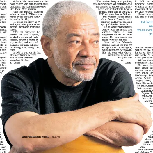  ?? Photo / AP ?? Singer Bill Withers was 81.