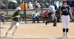  ?? MIKE BUSH/NEWS-SENTINEL ?? Liberty Ranch's Kharizma Lathipanya-Kham rounds first base in Thursday's Sac-Joaquin Section Division IV softball playoff game against Casa Roble. Lathipanya-Kham had a big hit in the Hawks' 6-5 win over the Rams.