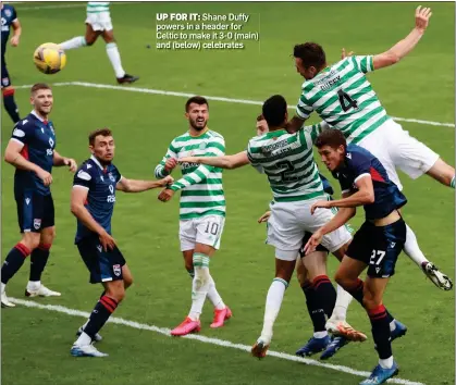  ??  ?? UP FOR IT: Shane Duffy powers in a header for Celtic to make it 3-0 (main) and (below) celebrates