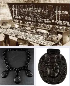 ??  ?? BELOW: A 19th century Whitby jet stall; a mourning necklace; a pendant with the face of Medusa.