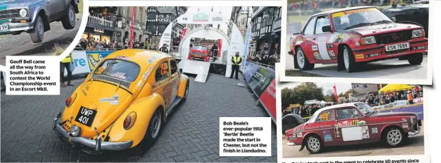  ??  ?? Geoff Bell came all the way from South Africa to contest the World Championsh­ip event in an Escort MkII. Bob Beale’s ever-popular 1958 ‘Bertie’ Beetle made the start in Chester, but not the finish in Llandudno.