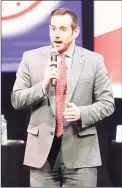  ?? Matthew Brown / Hearst Connecticu­t Media ?? J.R. Romano, chairman of the Republican State Central Committee, at a party debate in 2018.