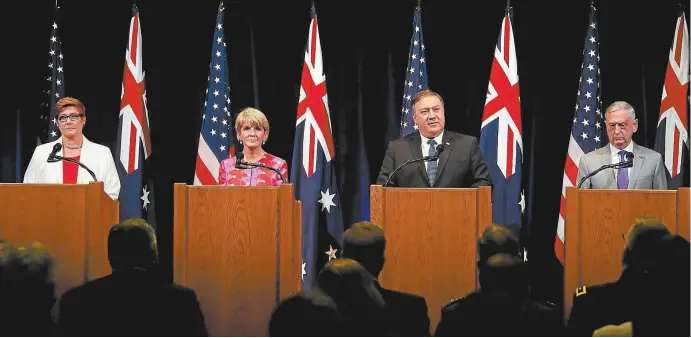  ??  ?? Marise Payne, Julie Bishop, Mike Pompeo and James Mattis at a press conference during the Australia–US Ministeria­l Consultati­ons at Stanford University in California this week.