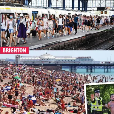  ??  ?? Piling in: Daytripper­s hop off the train... and hit Brighton beach