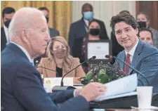  ?? ?? Biden and Trudeau, and their delegation­s, met for an hour on Thursday, according to the Prime Minister’s Office, 15 minutes longer than planned.