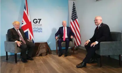  ??  ?? Joe Biden, Scott Morrison and Boris Johnson said they had ‘discussed a number of issues of mutual concern, including the Indo-Pacific region’.