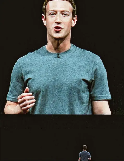  ?? Archivfoto: Imago ?? Weit überlebens­groß: Aus einem sozialen Außenseite­r wurde durch ein soziales Netzwerk der Milliardär Mark Zuckerberg, hier bei einer Präsentati­on.