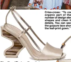  ??  ?? Sling fling: “The key silhouette is a squaretoe slingback, with a very small opening at the toe,” says Burch. “The emphasis is on texture, especially in the heels: stacked raw leather and horn inlays.”