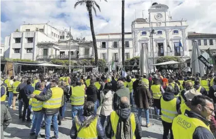  ?? EL PERIÓDICO ?? Participan­tes en la concentrac­ión de agricultor­es y ganaderos, ayer, en la plaza de España de Mérida.