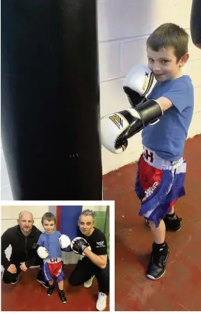  ??  ?? Jab done Lewis is hooked on boxing after his dad bought him a pair of gloves for his third birthday. Inset, Lewis with his dad Craig (right) and Fearless Fitness co-owner, David Cooper